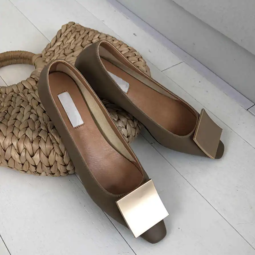 

New Autumn Vintage Women Flats Shoes Casual Soft Comfort Flat Shallow Mouth Slip On Square Decor Flats Ballerina Shoes