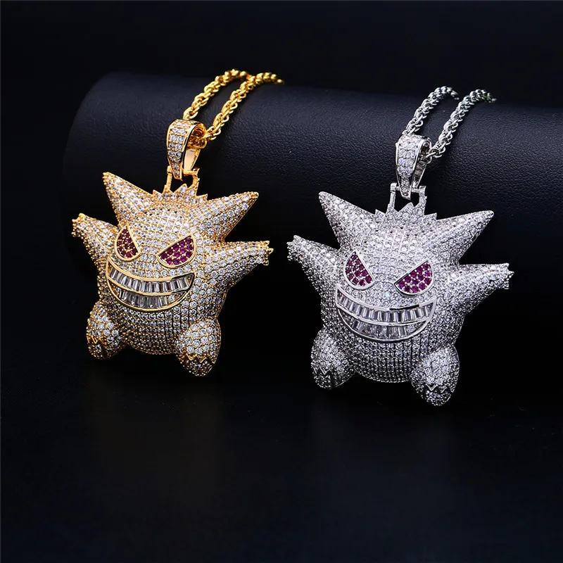 

AAA Cubic Zircon Mask Gengar Necklace & Pendant Pokemon Necklaces Chain Gold Silver Color Hip Hop Jewelry Party Gift
