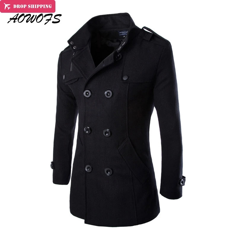 AOWOFS зимние мужские шерстяные бушлат черные мужские пальто короткие тренчи мужские двубортные шерстяные и смесовые пальто брендовая одежда