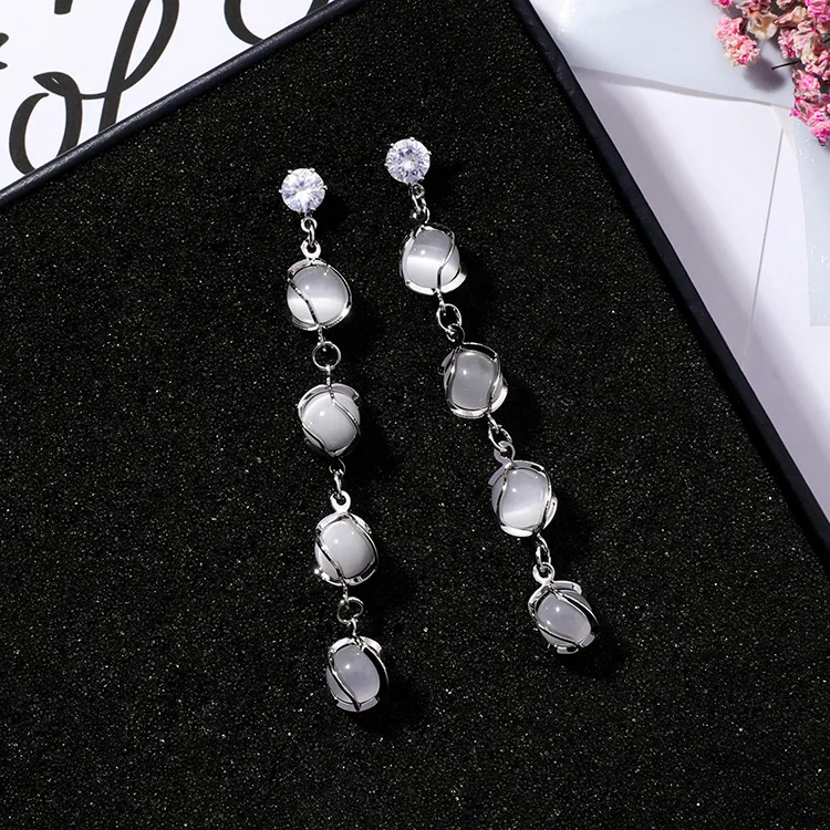 

MENGJIQIAO 2018 New Korean Fashion Elegant Opal Stone Long Earrings For Women Simple Temperament Acrylic Ball Drop Pendientes
