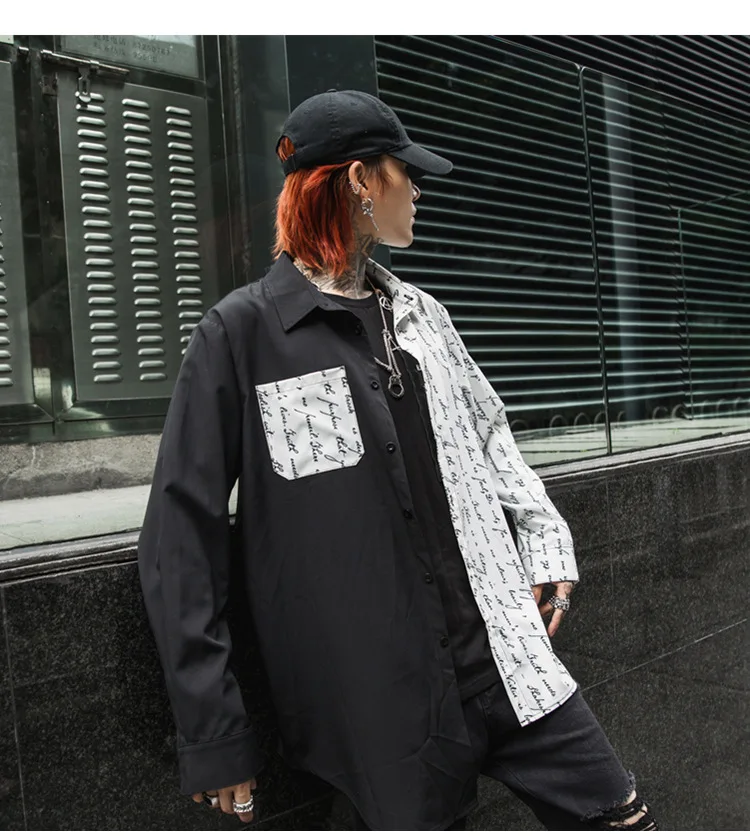 Asymmetric design punk rock hip hop men long shirt Korean fashion printed vintage shirts man harajuku casual blouse streetwear