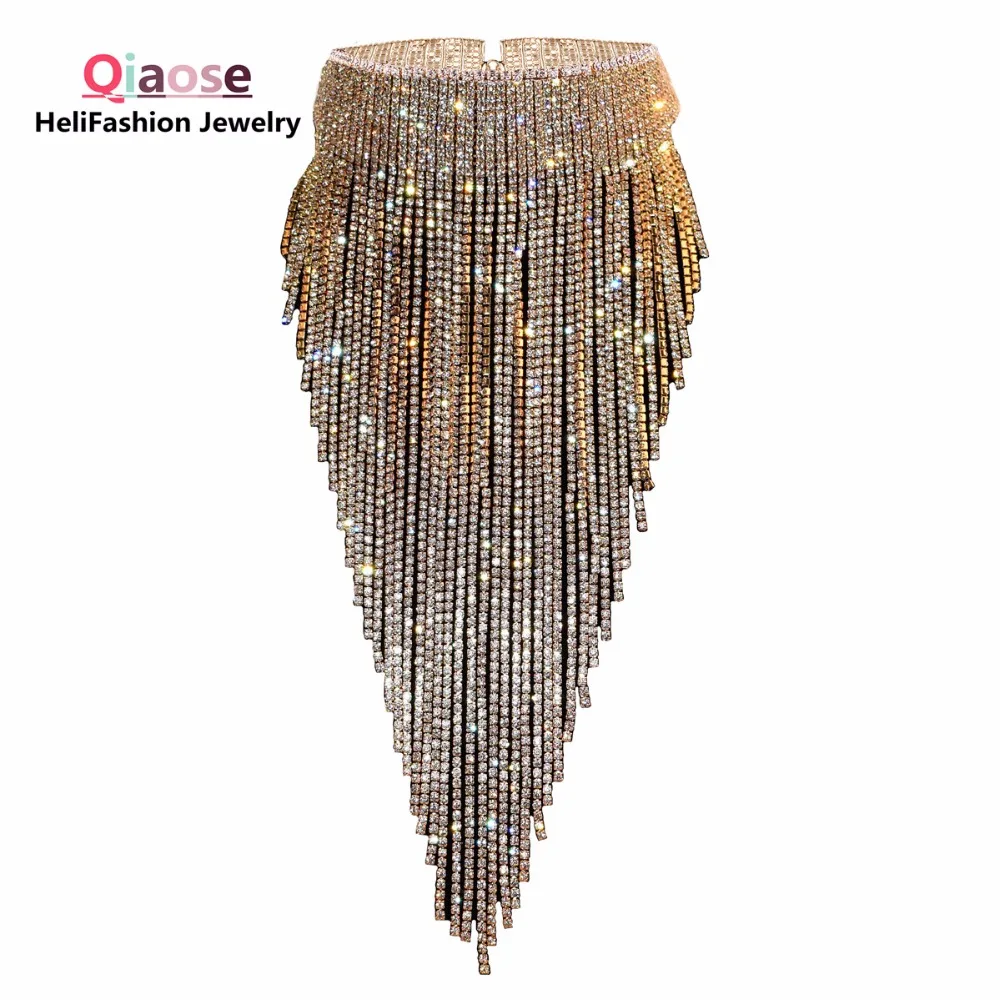 Qiaose shiny full rhinestone long chain choker collar statement necklace for women high quality stunning necklace jewelry Qiaose shiny full rhinestone long chain choker collar statement necklace for women high quality stunning necklace jewelry