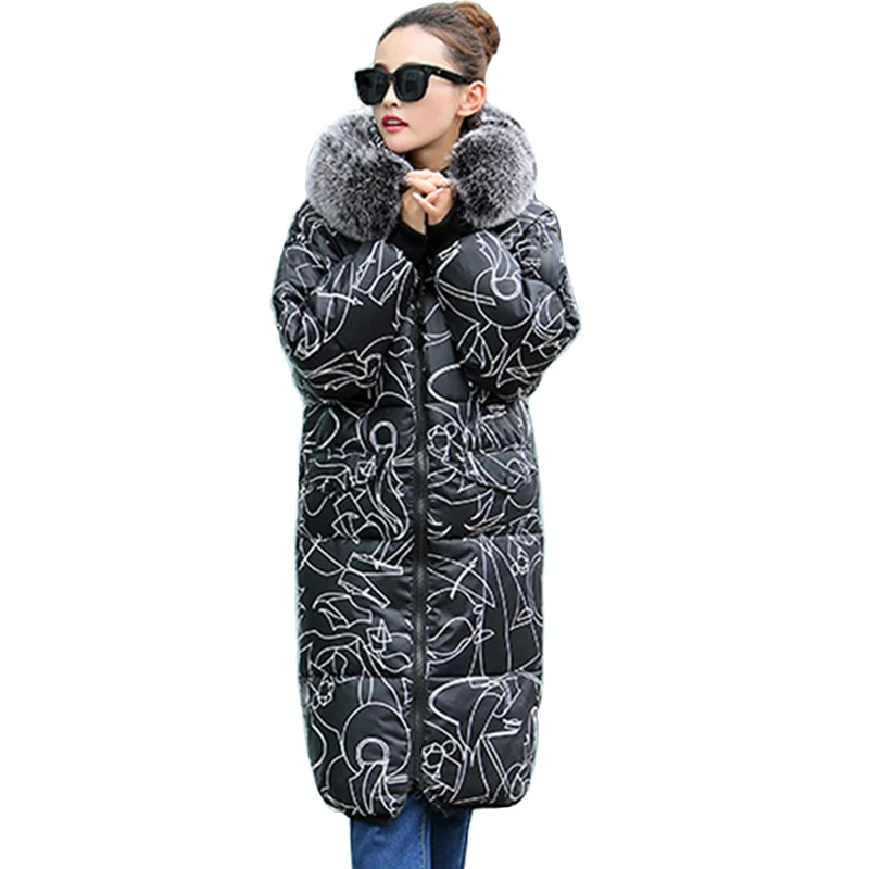 

2019 New arrival women winter long jackets fashion pattern cotton padded warm parkas with fur hooded casual pockets outwear coat