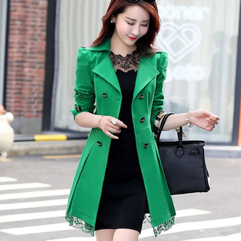

2019 Spring And Autumn New Women's Windbreaker Large Size Temperament Elegant Slim Windbreaker Lace Bow Waist Windbreaker QQ325
