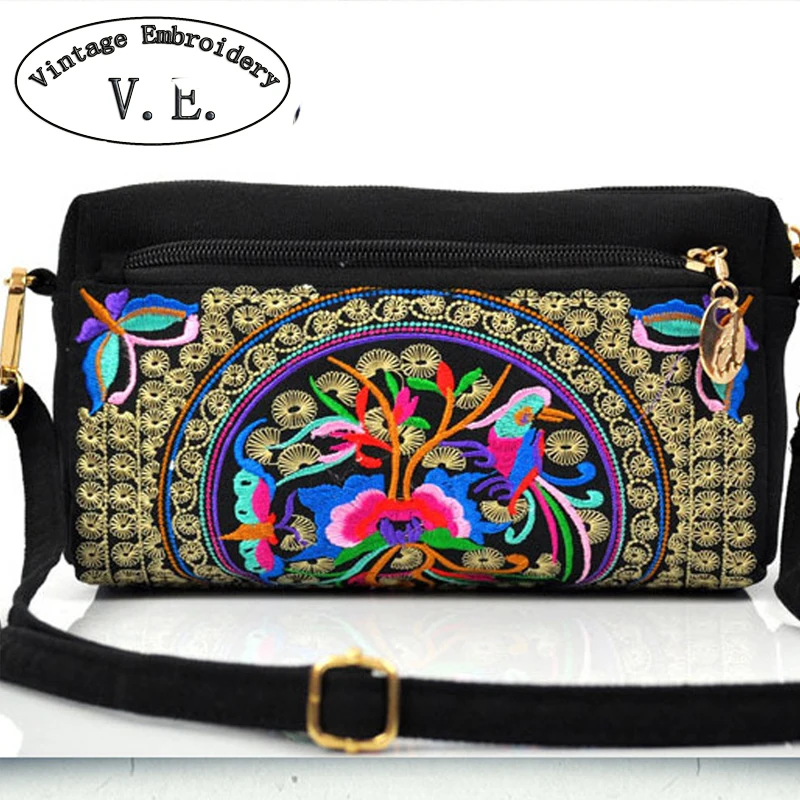 

Vintage Embroidery Bag Hmong Three Zippered Cloth Shoulder Messenger Bag Embroidered Yunnan Clutch Crossbody Small Handbag