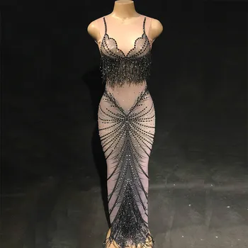 

Shining Rhinestones Mesh Black Fringes Long Dress Stage Fashion Women Birthday Party One-piece Dresses Singer Dance Costume DJ