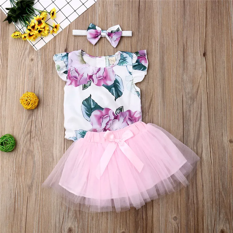 

newborn baby girl clothes Girl Kid Floral Sleeveless Romper Bodys Suits Lace Tulle Skirt Headband Outfits bebe menino