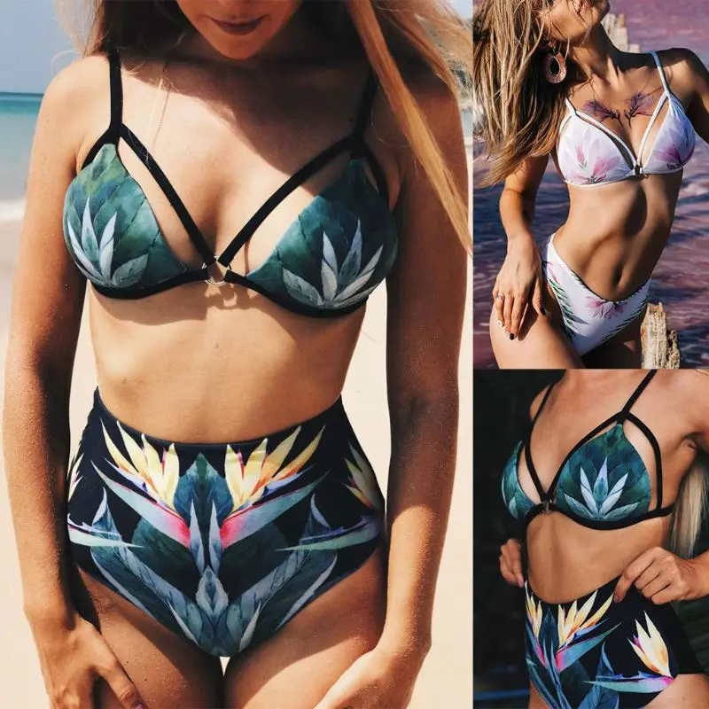 

Women Sexy Two Piece Swimsuit Set Deep V-Neck Hollow Out Strappy Bra Bohemian Vintage Lotus Flower Printed Swimsuit High Waist