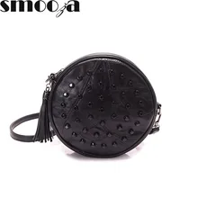 SMOOZA новая круглая женская сумка с кисточками, натуральная кожа, сумки через плечо, алмазная вышивка, заклепки, круговые сумки-мессенджеры, кошелек