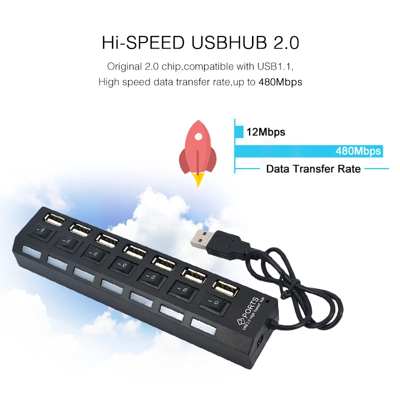 7 портов USB 2,0 концентратор высокоскоростной кабель питания с светодиодный светильник Индикатор ВКЛ/ВЫКЛ переключатель адаптер для ПК настольный ноутбук