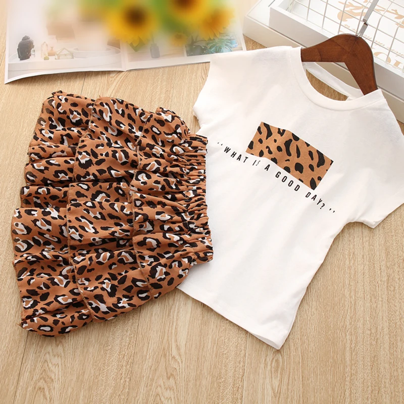 Girls Clothes Set Summer White Shirt with Chiffon Leopard Cake Skirt 2 Pieces Sets Little Kids Cotton Clothing Suit