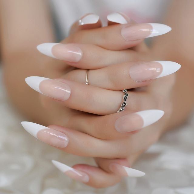 Long STILETTO False Nails Pre-designed Curved Pink Marble Press On Nails including glue sticker