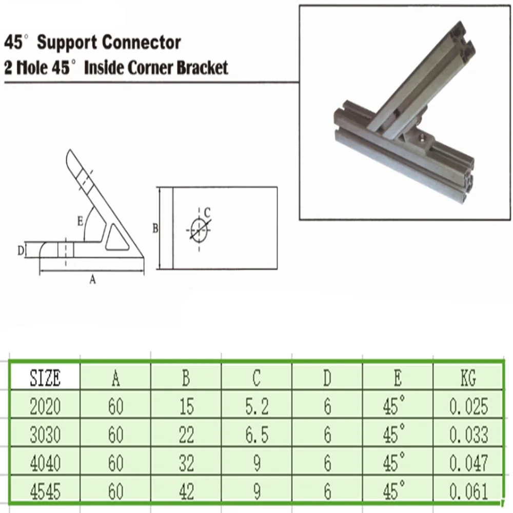 Junta de conexión de soporte de ángulo de esquina de 45 grados, 1 piezas, para perfil de aluminio de la serie 2020/3030/4040/4545/6060/8080/9090