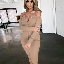 NiceMix Sexy Off Shoulder Button Bodycon Dress Vintage Single Breasted Ribbed Knit Women Dress Slash Neck Party Casual Dress New striped trim ribbed knit dress