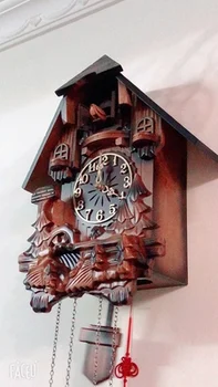 

European wall clock smart music time pastoral wood carving children's creative living room clock cuckoo clock