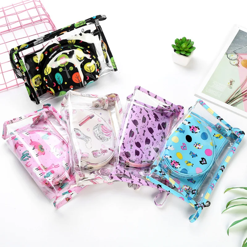 

PACGOTH New Fashion Printed PU Leather Transparent PVC Cosmetic Bag Travel Portable Wash Large Capacity Waterproof Bag, 3PCs/Set
