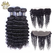 King Hair Deep Wave Peruvian Hair Weave Bundles With Lace Frontal Closure 4 Pcs /Lot Remy Human Hair 3 Bundles With Frontal