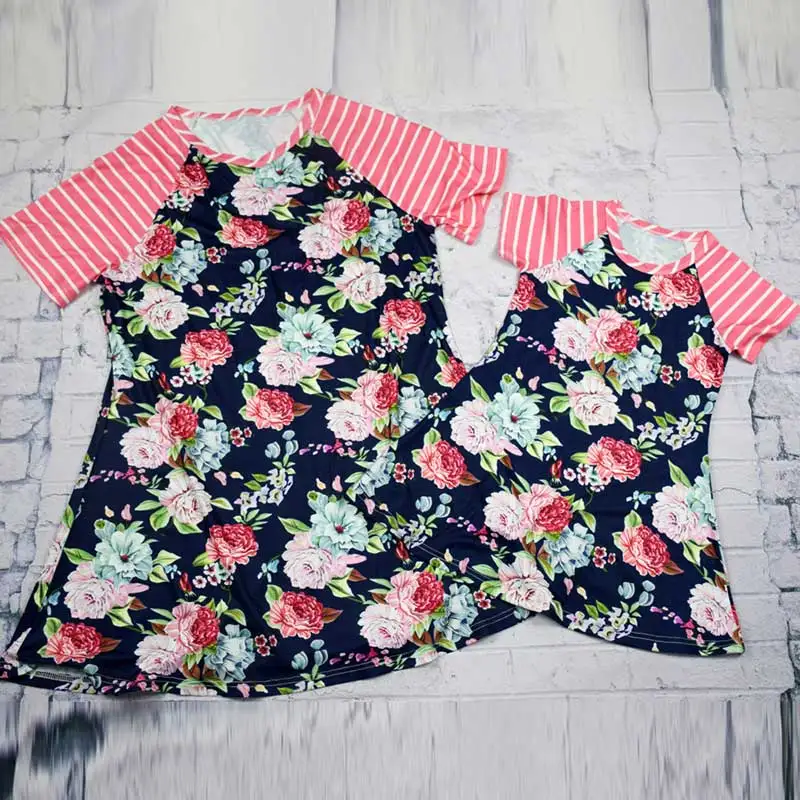 

MVUPP mom and daughter dresses short sleeve print mother baby girl matching outfits striped floral print top family look dress