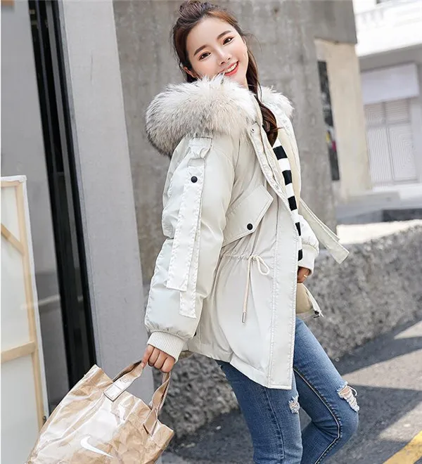 Rlyaeiz модная зимняя куртка для женщин искусственный мех енота воротник зимнее пальто женские парки с капюшоном теплая куртка женская верхняя одежда