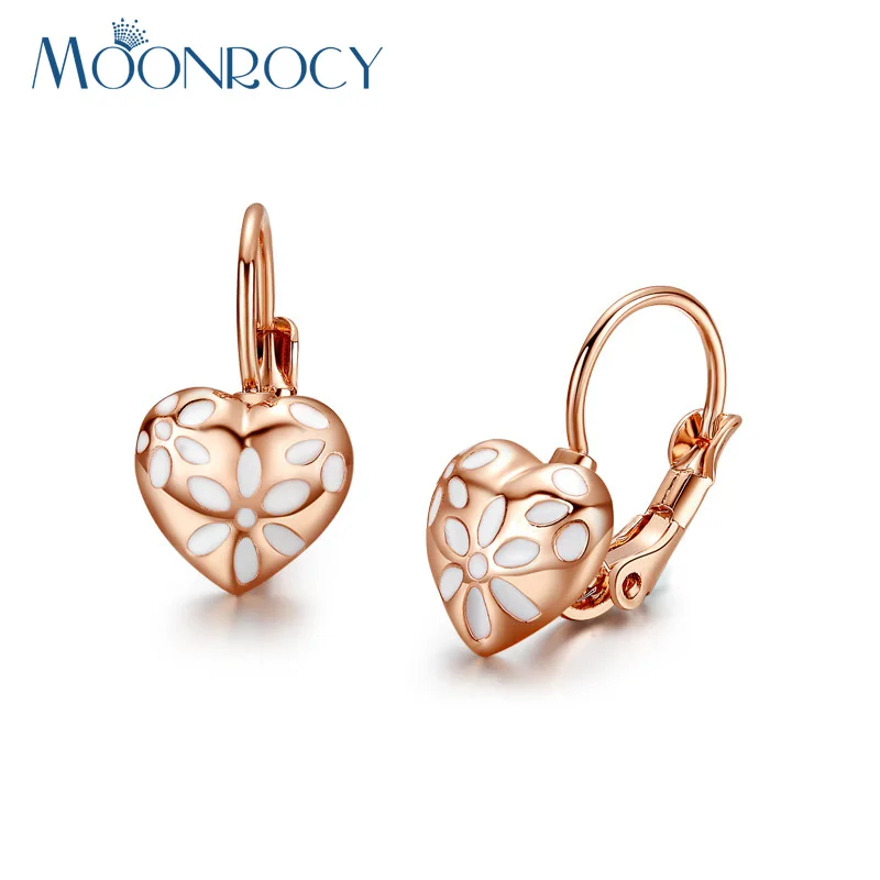 

MOONROCY Free shipping Fashion Rose Gold Color Austrian White Flower Heart Shape Crystal Earring Jewelry for Women Girls Gift