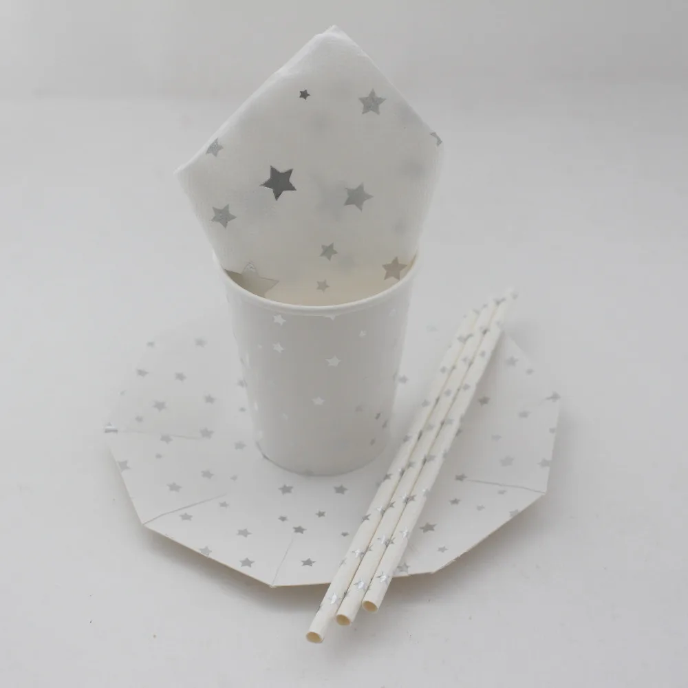 61pcs Gold Silver Star Disposable Paper Tabelware Wedding Plates Cups Napkins Straws Birthday Party Supplies | Дом и сад