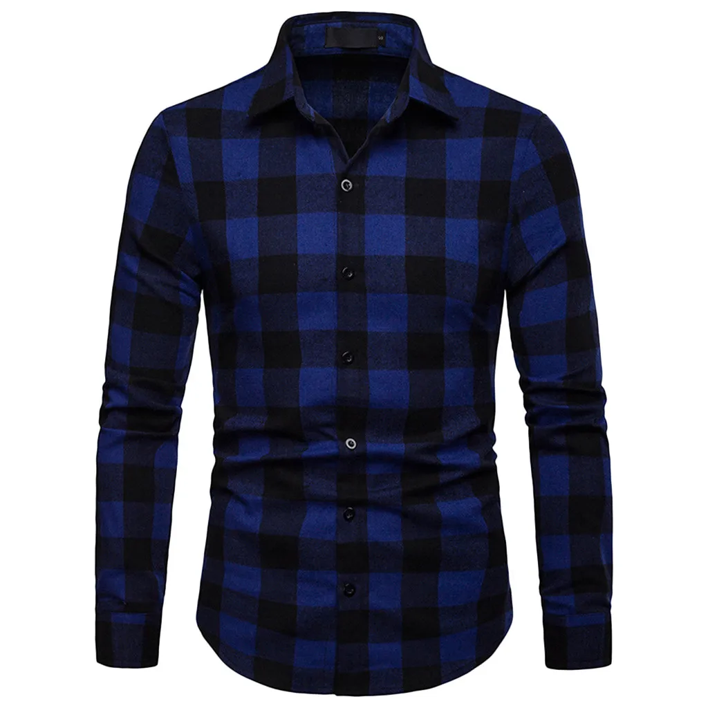 Formal Business Shirt Men‘s Long Sleeve Lattice Plaid Clothes Spring Autumn Plus Size Casual Blouse Camisa Social Shirts /PT - Цвет: Синий