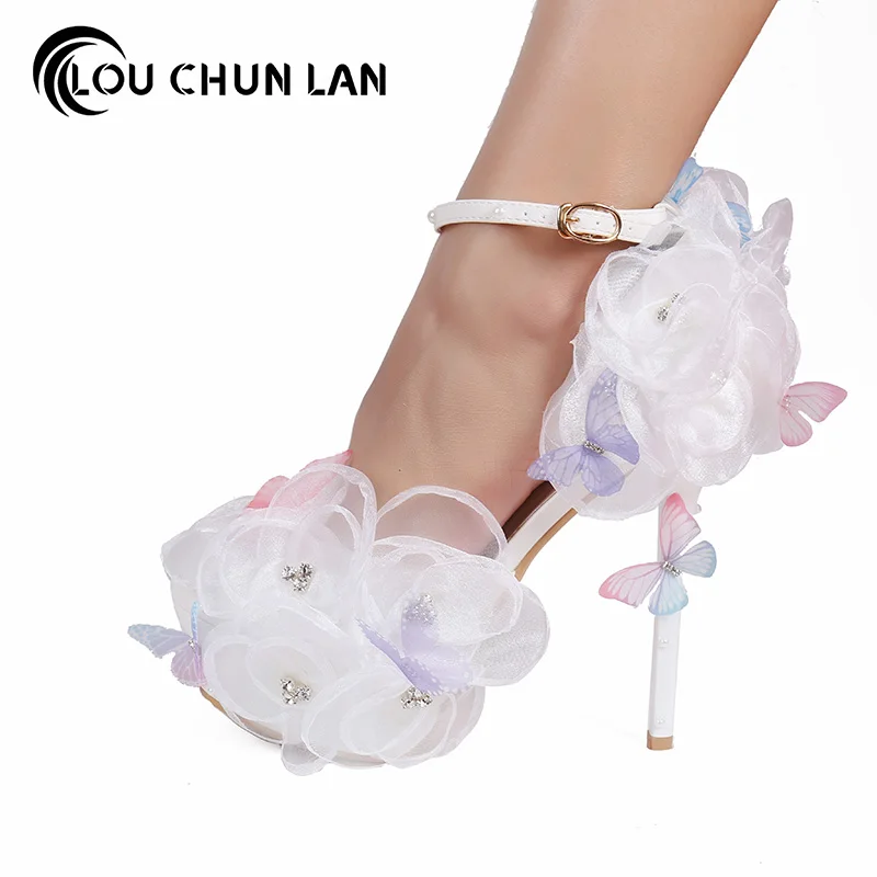 

Pumps White lace flower rhinestone bridal shoes butterfly flying pointed toe ultra high heels wedding shoes belt female sandals
