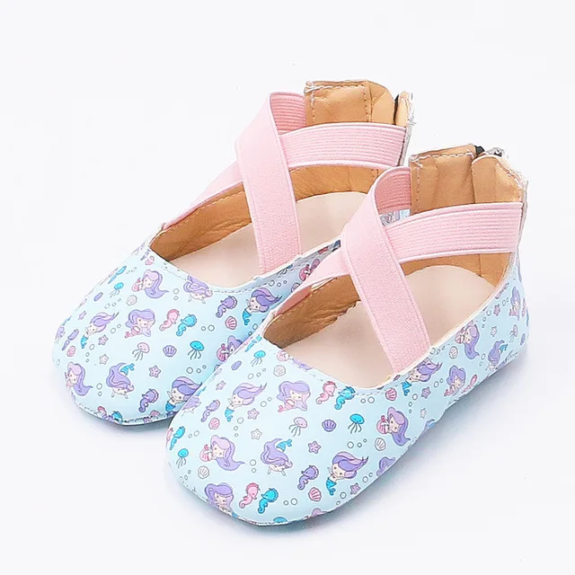 Обувь для новорожденных девочек балетки с принтом русалки на плоской подошве обувь для новорожденных жесткие Мокасины с подошвой для кроватки первые ходунки Выходные туфли для девочки