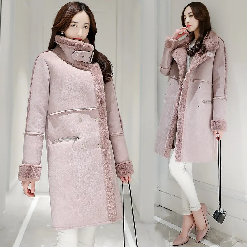 Зимняя женская куртка, утолщенная, теплая, элегантная, овечья шерсть, замша, куртка, длинная, хлопок, ватная парка, манто, Женское зимнее пальто, C3626 - Цвет: pink