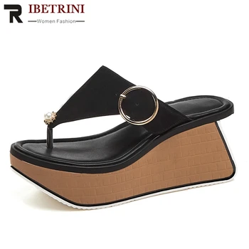 

RIBETRINI New Fashion Flip Flops Sheepskin Genuine Leather Shoes Slippers Woman 2020 High Heels women's Wedges Shoes Woman