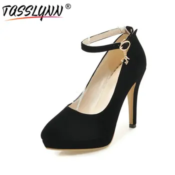 

TASSLYNN 2019 Women Pumps Platform Flock Pointed Toe Lady Fashion Pumps Elegant Black Buckle Strap OL Work Shoes Big Size 34-43