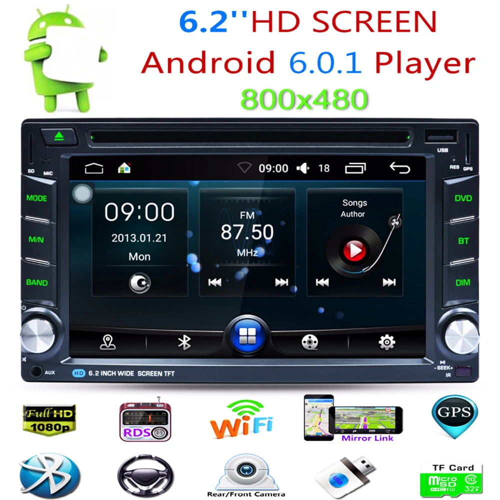 Universal 6.2 Inch 2Din Car Radio Auto Stereo Touch Screen WIFI Android 6.0 Car DVD Player GPS Navigation Support Bluetooth MP5