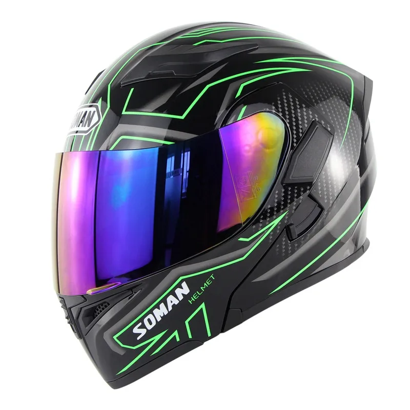 Высокое качество Soman 955 с двойными линзами мотоциклетный шлем откидной модульный уличный Мотоциклетный Шлем КАСКО цветной козырек - Цвет: Rainbow Lens