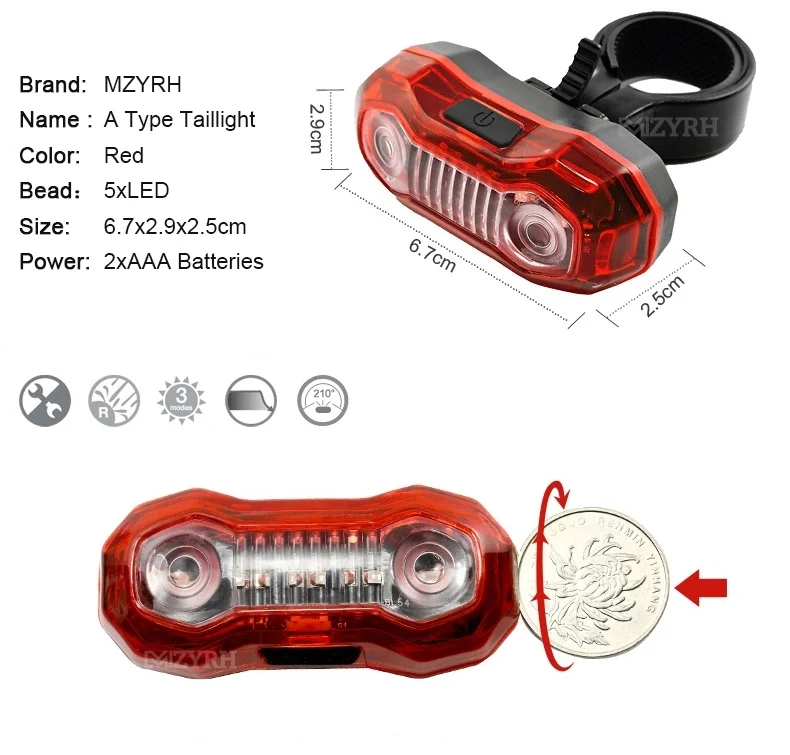 Excellent MZYRH Bicycle Rear Tail Light Red LED Flash Lights Cycling Night Safety Warning Lamp Bike Outdoor Riding Tail Light Accessories 6