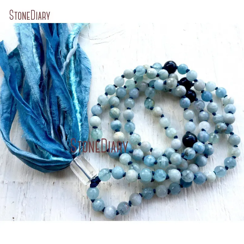 20180313-NM11092-Aquamarine Mala Beads, Blue Tiger Eye, Crystal Quartz , Silk Sari Tassel Necklace, Throat Chakra Yoga Beads , Aura Cleansing Beads_2