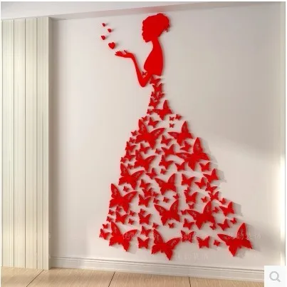 3D стикер на стену в виде бабочки невесты, украшения для свадебной комнаты, креативные Хрустальные акриловые обои для гостиной, спальни, телевизора - Цвет: red color left