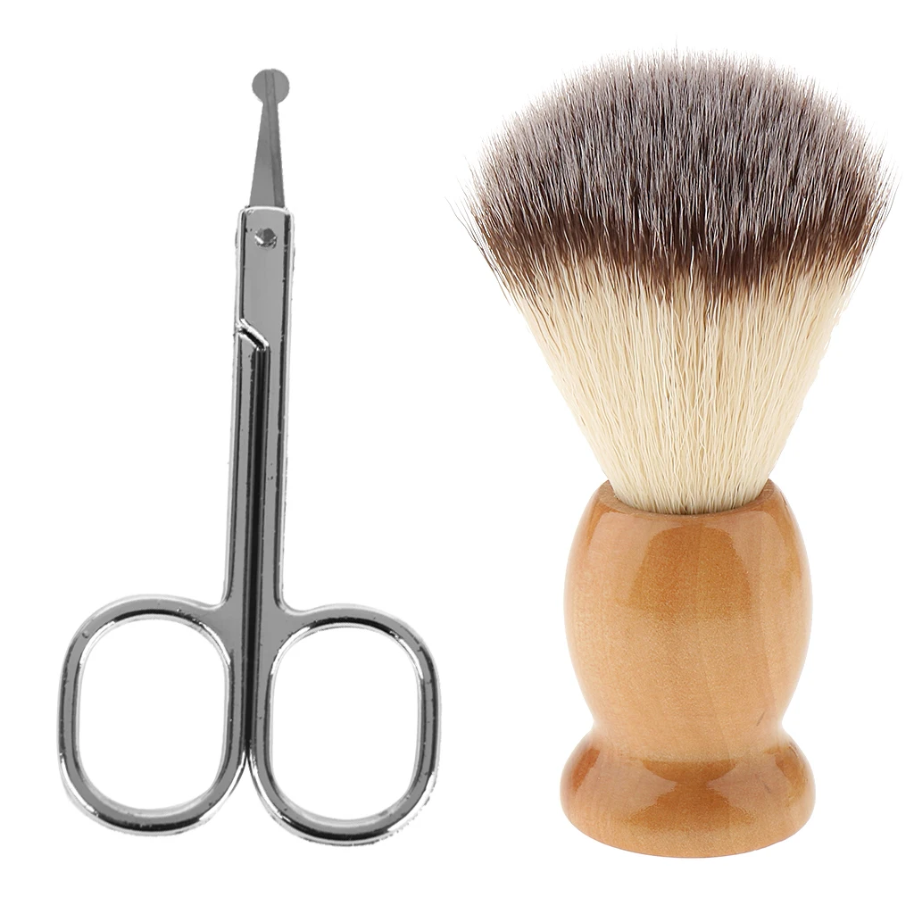 Wood Bristle Men Shaving Brush + Beard Mustache Nose Hair Remover Scissor Trimmer Round Tip  Set