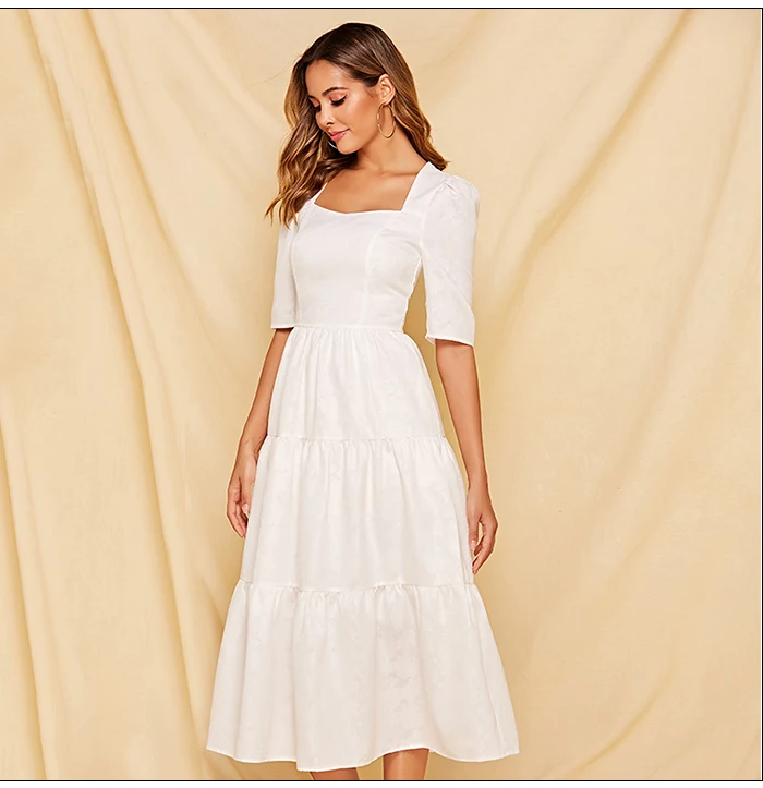 Женское винтажное жаккардовое платье S.FLAVOR, элегантное белое платье с квадратным вырезом, платье-трапеция в стиле ретро, осень