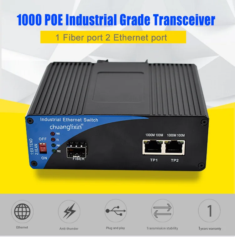 POE 1,25 г Ethernet преобразователя волокна промышленных 2 rj45 ethernet POE Порты и разъёмы 1 волокно Порты и разъёмы промышленных волоконно-оптический