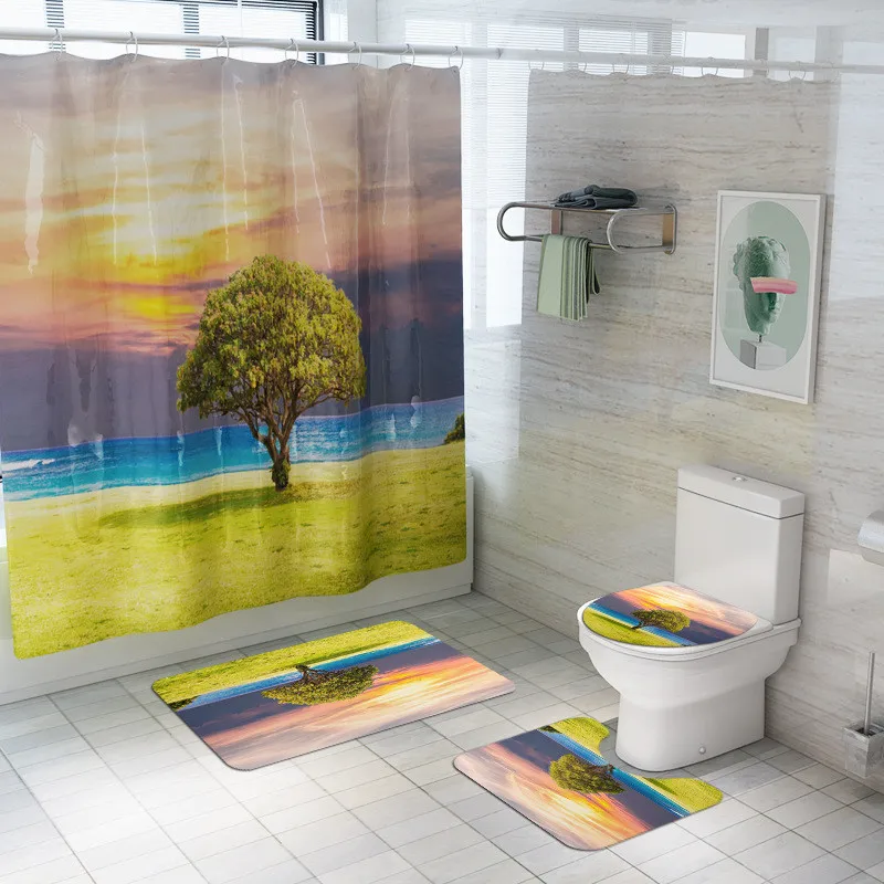 Топ 4 шт нескользящий Туалет полиэстер покрытие коврик набор Ванная комната Душ Шторки для ванной занавес мат четыре части ванной коврик Горячий