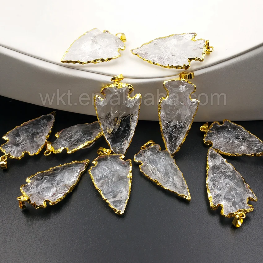 

WT-P904 Wholesale 2" Stone Pendant Arrowhead Shape Natural Stone with 24k Gold strim Big size stone Arrowhead Pendant