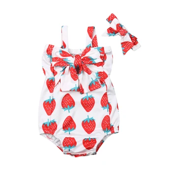 

Newborn Baby Girl Clothes Strawberry Print Bodysuit Jumpsuit Outfits Sunsuit Girls Bodysuit Headband Kid Clothes Body Infantil
