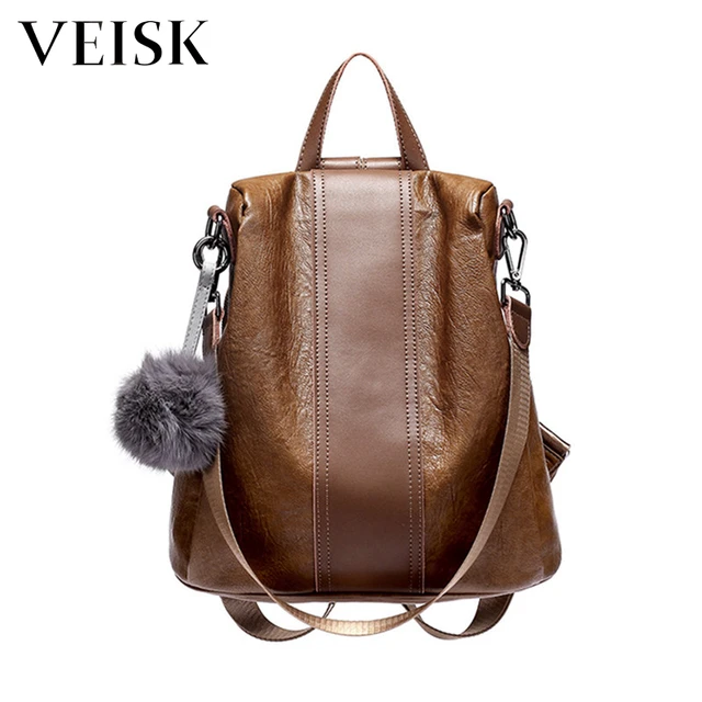 Veisk Female Backpack Natural Soft Leather Backpacks Genuine Veisk Female Backpack Natural Soft Leather Backpacks Genuine Luxury Brown Ball Sac A Dos Femme