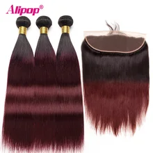 Ombre 99j Burgundy Bundles With Closure Frontal Brazilian Hair Human Hair Weave 3 Bundles With Frontal Alipop NonRemy