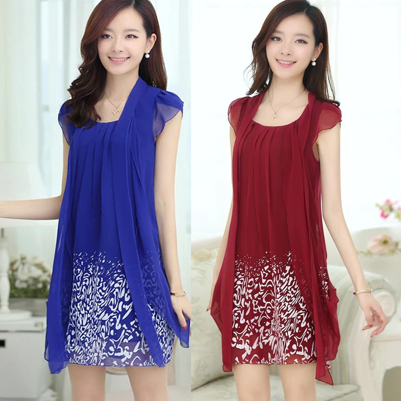 

2016 Fashion Style Summer Women Chiffon Sleeveless Printing Striped Dress M-4XL