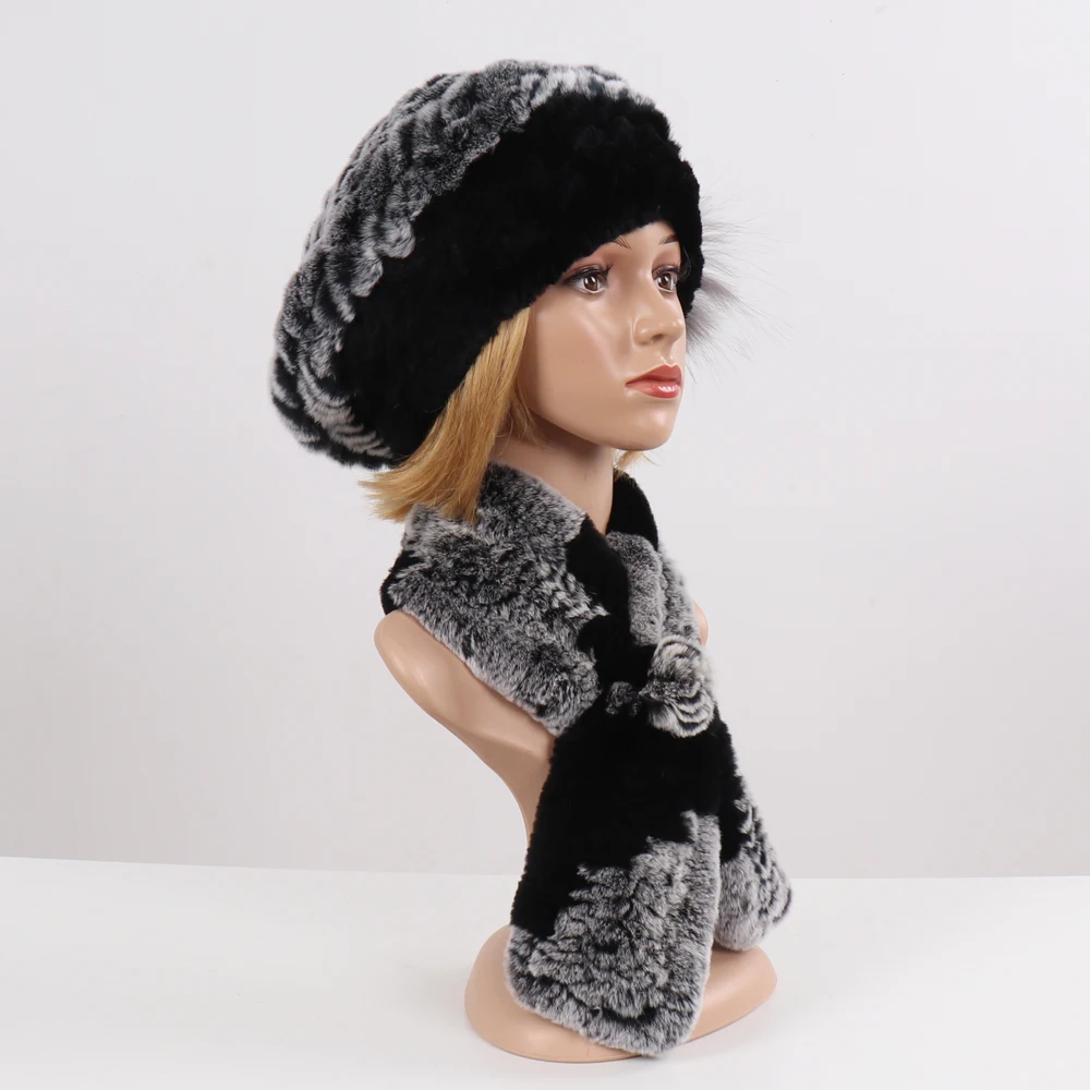 Модная меховая шапка для девушек, Зимний натуральный настоящий мех кролика, шапка, шарф, высокое качество, женская вязаная шапка из натурального меха, комплекты глушителей