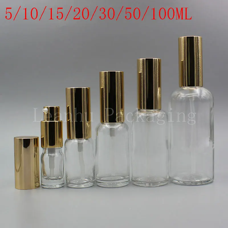 

5/10/15/20/30/50/100ML Transparent Glass Bottle With Gold Lotion Pump, Empty Cosmetic Container, Lotion/Essence Sub-bottling