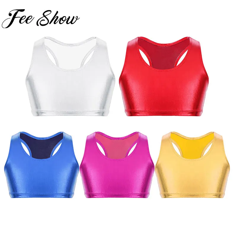

Summer Children Clothes Girls Shiny Metallic Sleeveless Racer Back Crop Top for Ballet Leotard Dance Stage Workout Gym T Shirt