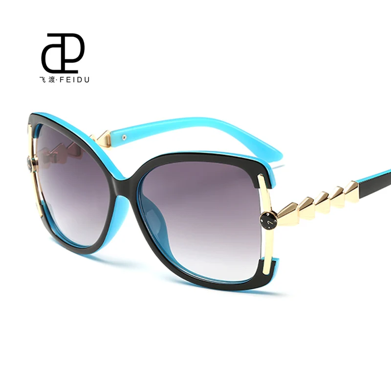 FEIDU Высокое качество бабочка Солнцезащитные очки для женщин Для женщин Брендовая Дизайнерская обувь многоцветный покрытие вождения Защита от солнца Очки UV400 Óculos де золь - Цвет линз: Black and Blue