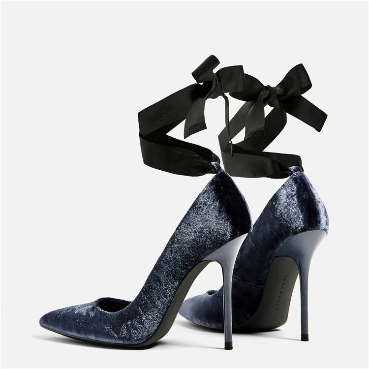

New Women Sexy Ankle Strappy Velvet High Heels 11cm Stiletto Pumps Pointed Toe Dress Party Wedding Shoes